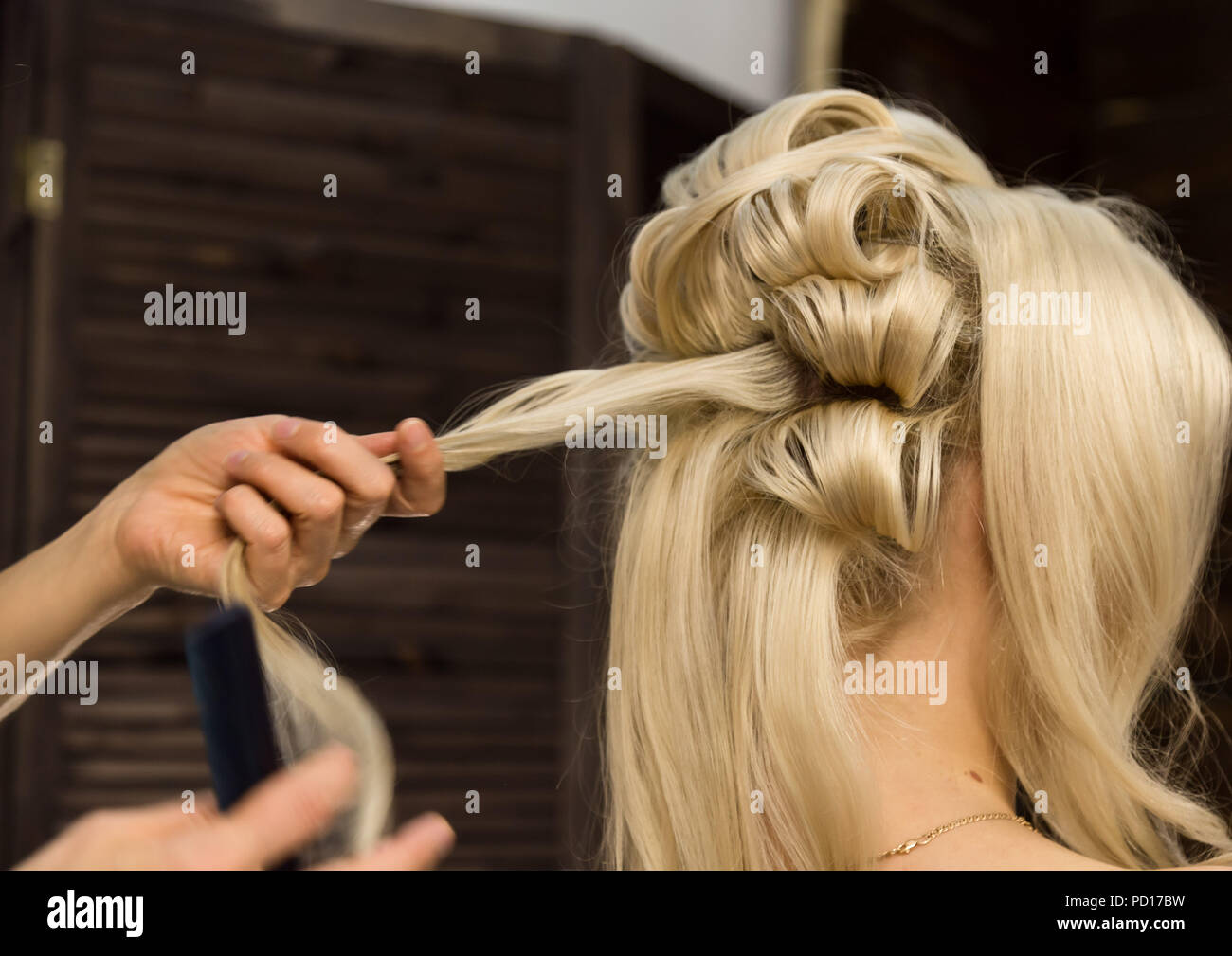 Hairdresser Does Hairstyle For Luxurious Blond Woman Coiffure In