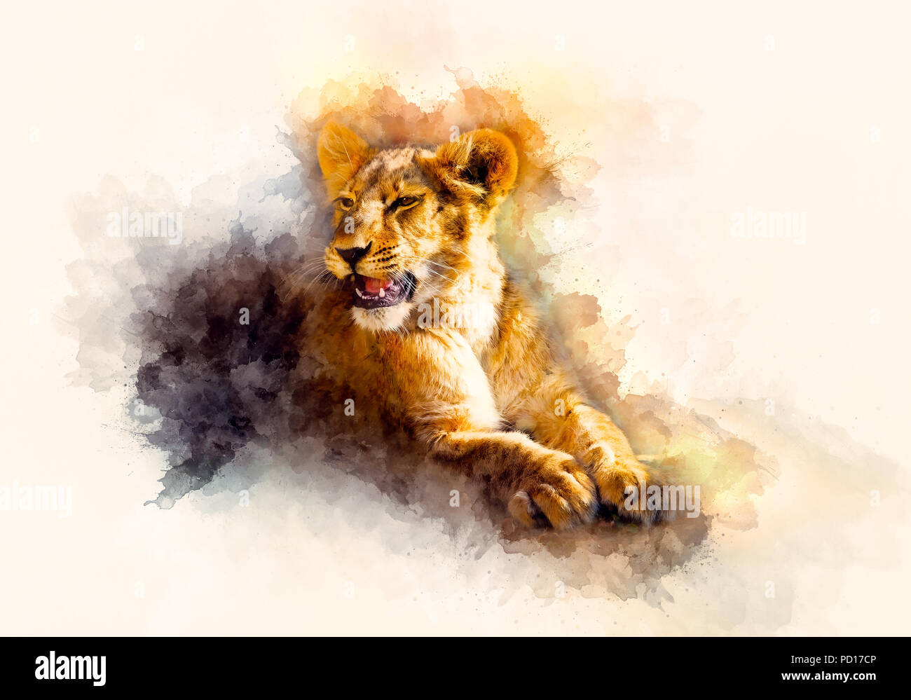 cute lion and graphivc effect. Softly blurred watercolor background