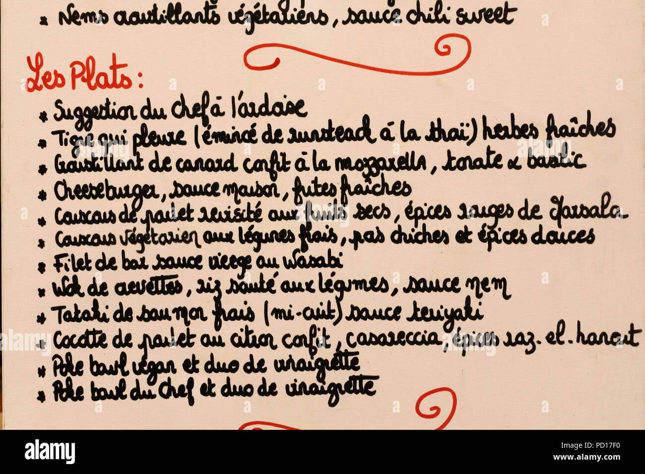 French chalked up restaurant menu Paris restaurant menu board showing