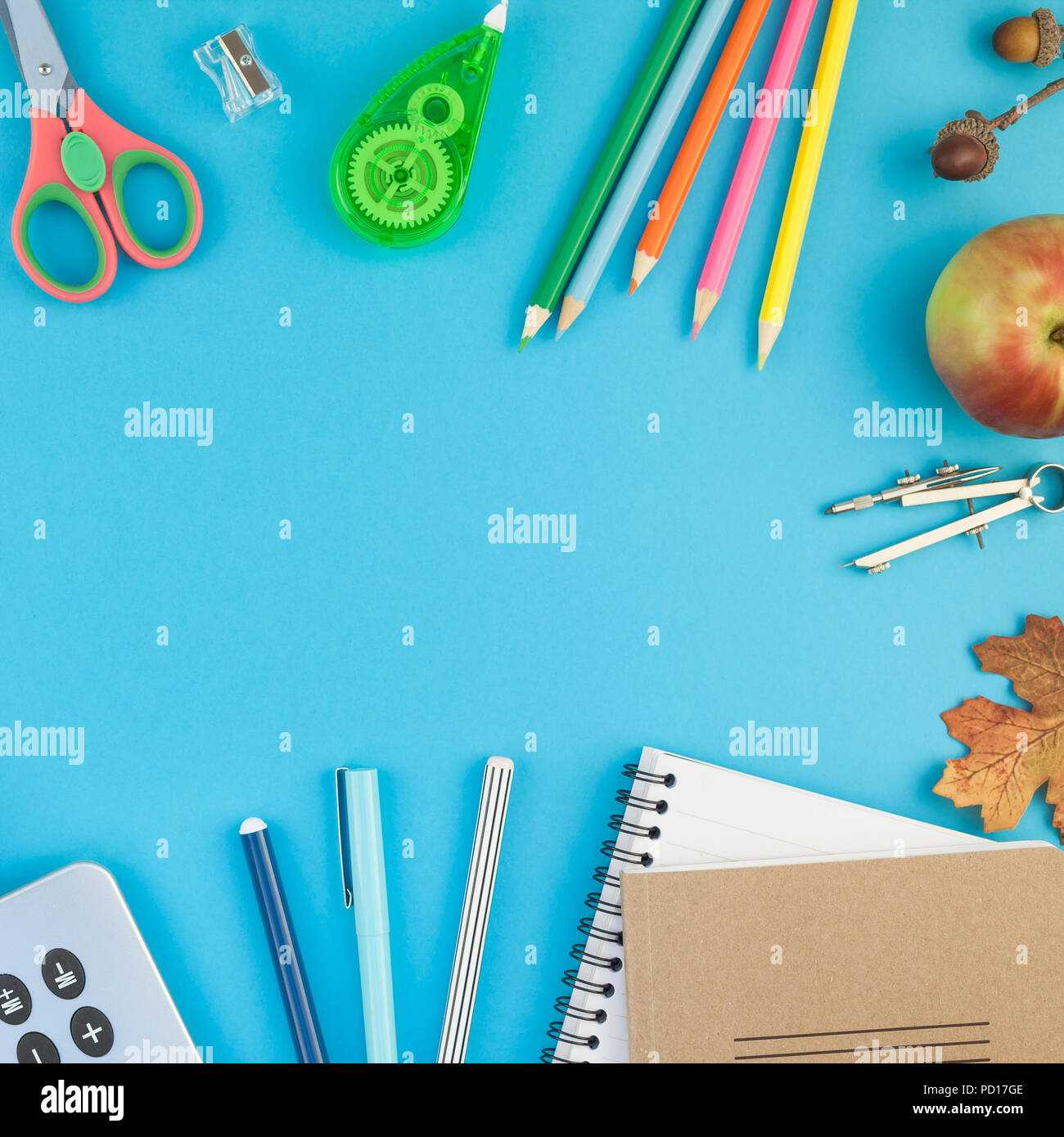 Square Creative flat lay top view back to school concept with color ...