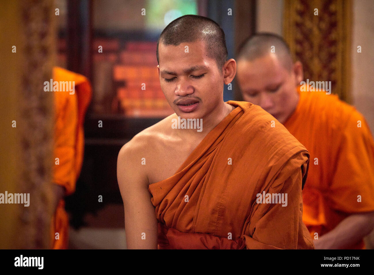 A young Buddhist monk chanting with his eyes closed during a ceremony in one of the temples within their monastery. Stock Photo