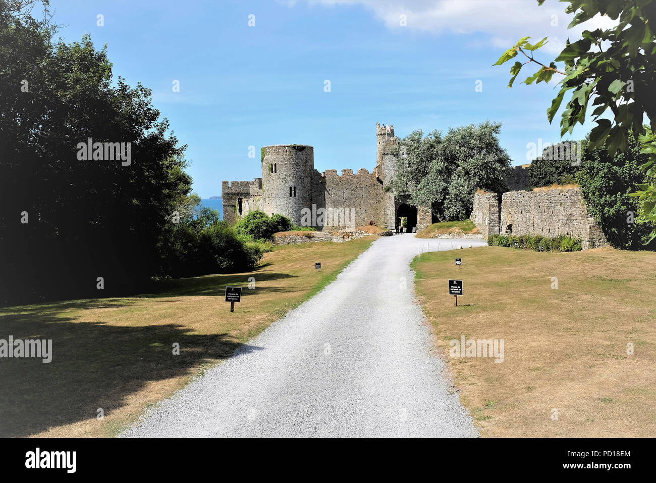 Manorbier, Pembrokeshire, South Wales, UK. July 25, 2018. Manorbier castle main entrance from the North East with the sea in the background at Manorbi Stock Photo