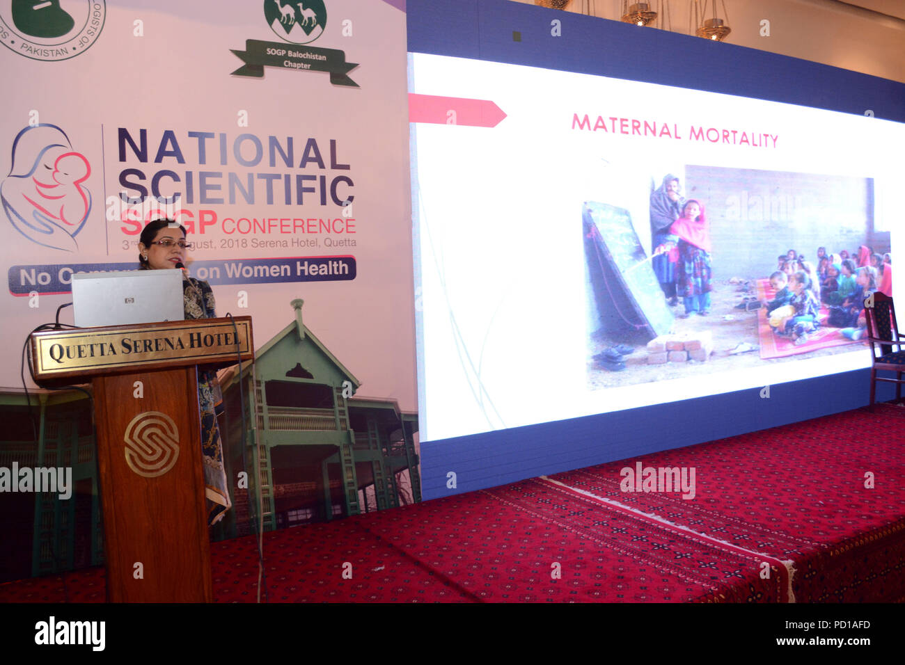 Quetta, Pakistan. August 04 2018: senior gynecologist professor Dr. Naila Ehsan Addressing to National Scientific SOGP conference on women health organized by SOGP Balochistan Chapter at serena hotel. Credit: ZMA Photos/Alamy Live News Stock Photo