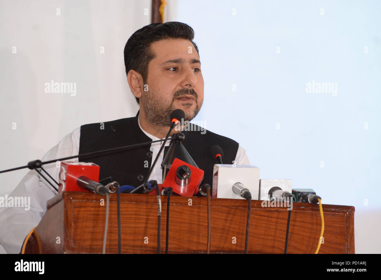 Quetta, Pakistan. August 04 2018: Chief Minister Balochistan Mr. Allah Ud Din Marri addressing to an event regarding National police day at police line in Quetta. Stock Photo