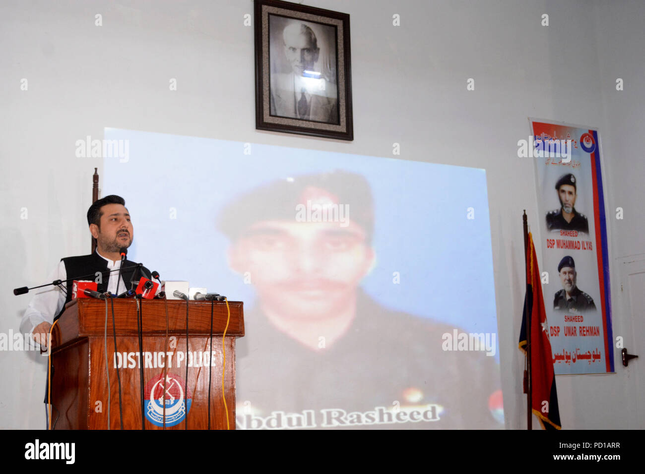 Quetta, Pakistan. August 04 2018: Chief Minister Balochistan Mr. Allah Ud Din Marri addressing to an event regarding National police day at police line in Quetta. Stock Photo