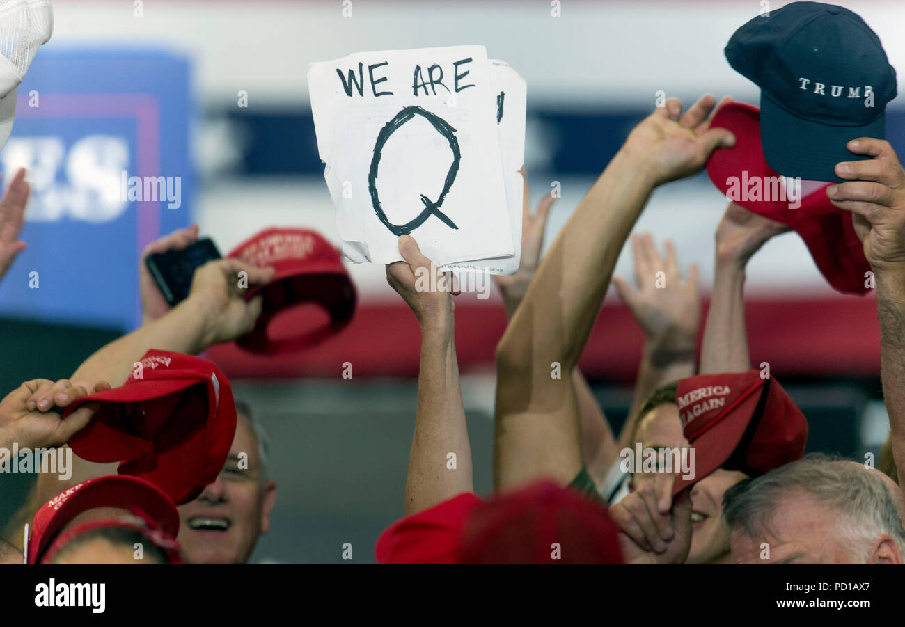 Lewis Center, Ohio, USA. 04th Aug, 2018. Supporters of President Trump, some of whom ascribe to the fringe conspiracy theories of the QAnon movement, gather at Oletangy Orange High School to hear the president as he attempts to shore up support for Troy Balderson, the Republican candidate in the August 7 special election in Ohio's 12th Congressional District. Credit: Brian Cahn/ZUMA Wire/Alamy Live News Stock Photo