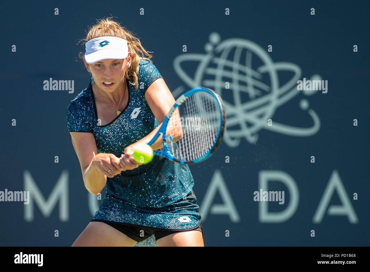 California, USA. 4 August 2018. Elise Mertens (BEL) was defeated by Mihaela  Buzarnescu (ROU) 6-4, 3-6, 6-1 in the semifinals of the Mubadala Silicon  Valley Classic at San Jose State University in