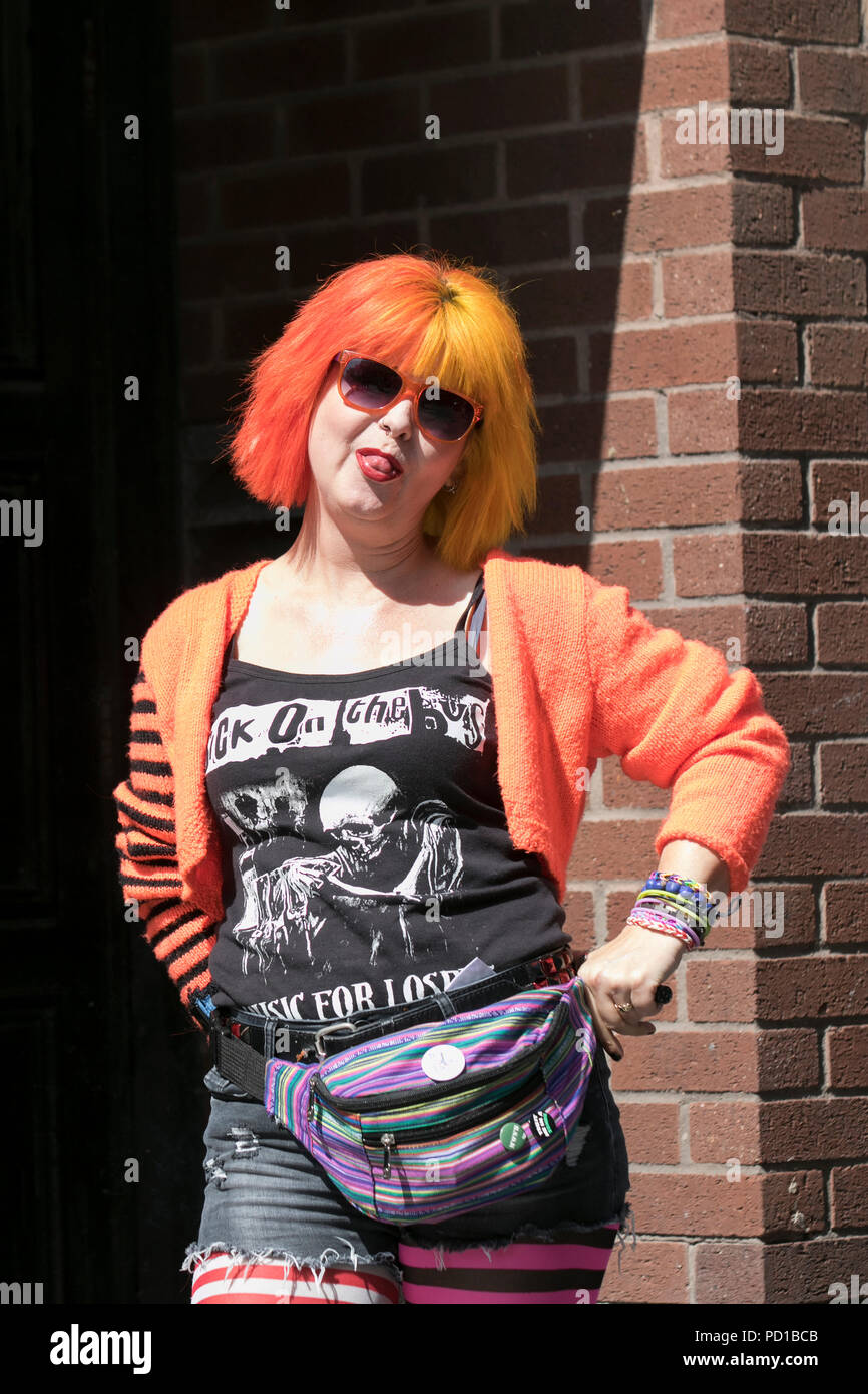 Female alternative punk fashion in Blackpool, UK. 5 August 2018. Sandy B, a  Colourful Punk character at the resort Rebellion Punk Festival. Rebellion  Festival, formerly Holidays in the Sun and the Wasted