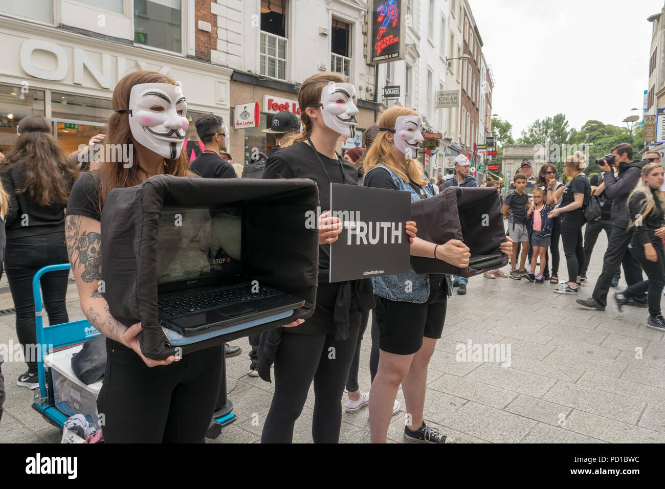 Dublin, Ireland. 5th August, 2018. Anonymous for the voiceless cube of  Truth in Dublin Grafton Street Credit: Fabrice Jolivet/Alamy Live News  Stock Photo - Alamy