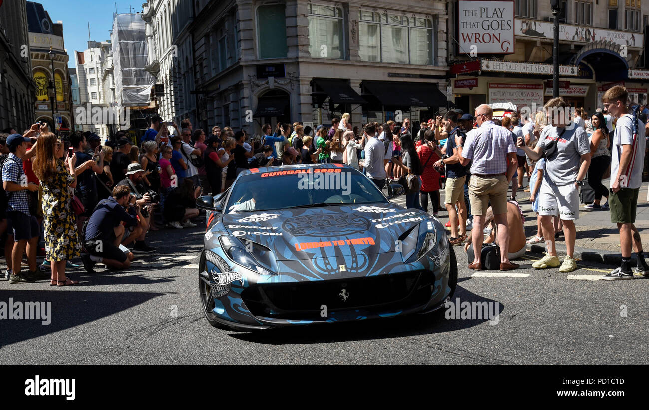 London Uk 5 August 2018 A Ferrari Sets Off From The Start Gumball 3000 A Charity Rally For Supercars And More Including Celebrity Entrants Begins In Covent Garden With 150 Participants Beginning