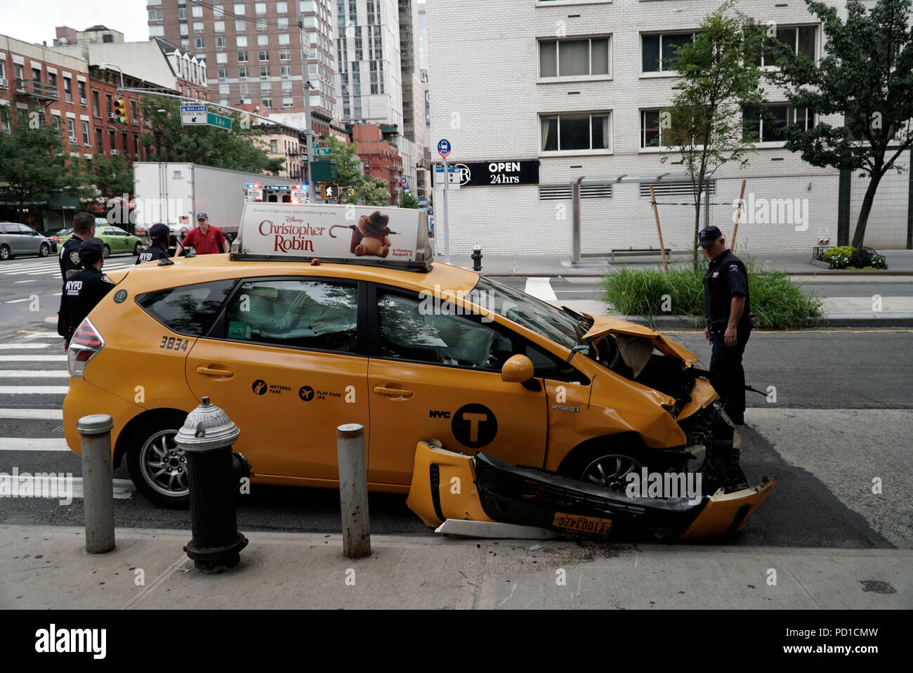 New York, New York, USA. 4th Aug, 2018. Taxi accident, collision damage