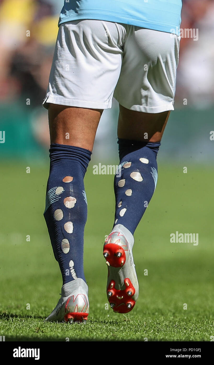 London, UK. 05th Aug, 2018. The socks of Kyle Walker of Manchester City  during the FA Community Shield match between Chelsea and Manchester City at  Wembley Stadium on August 5th 2018 in