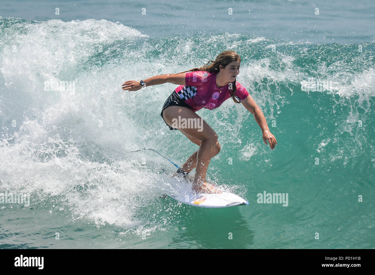Huntington Beach, California, USA. 3rd Aug, 2018. CAROLINE MARKS, from the  United States, competes in the first round heat of the Vans US Open held at  Huntington Beach, California. Credit: Amy Sanderson/ZUMA