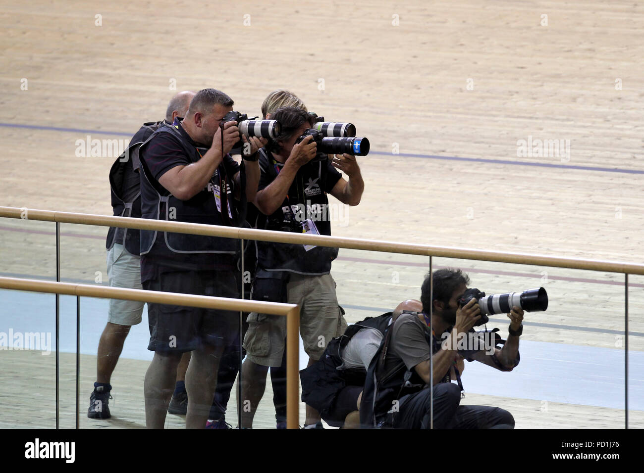 Glasgow 5 August 2018. European Championships Sir Chris Hoy Velodrome. Men's 40km Points Race. 1st Wojciech Pszczolarski POL, 2nd Roger Kluge GER, 3rd Stefan Matzner. Credit Alan Oliver / Alamy Live News Stock Photo