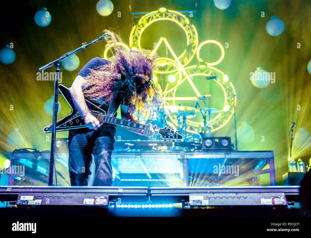 Austin, Texas, USA. 3rd Aug, 2018. CLAUDIO SANCHEZ, singer and guitarist of Coheed and Cambria, performs at the Austin360 Amphitheater in Austin, TX. Credit: Alicia Armijo/ZUMA Wire/Alamy Live News Stock Photo