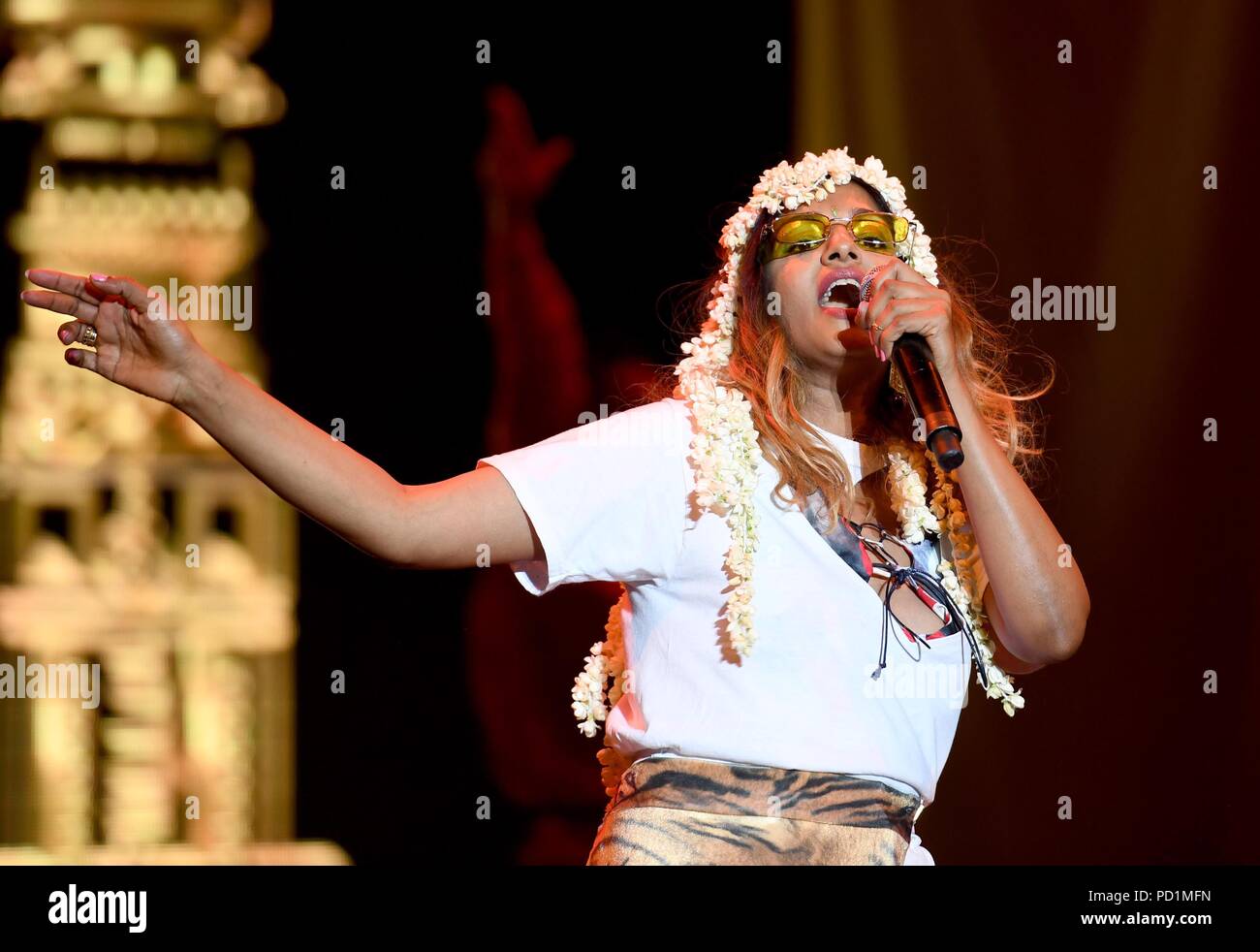 M.I.A. on stage at Bestival, Dorset, UK Credit: Finnbarr Webster/Alamy Live News Stock Photo
