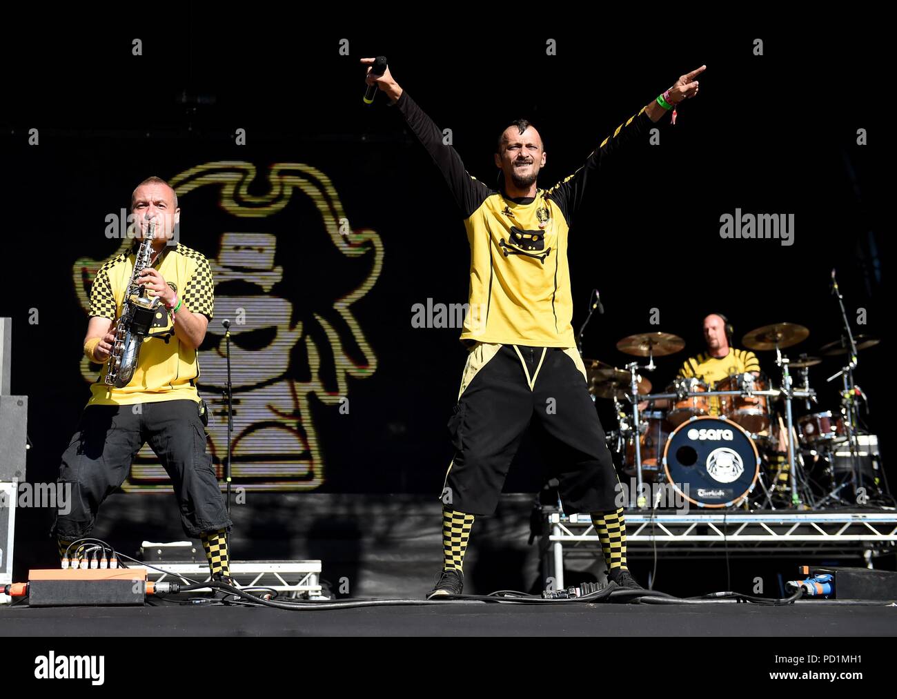 Dubioza Kolektiv on stage at Bestival, Dorset, UK Credit: Finnbarr Webster/Alamy Live News Stock Photo
