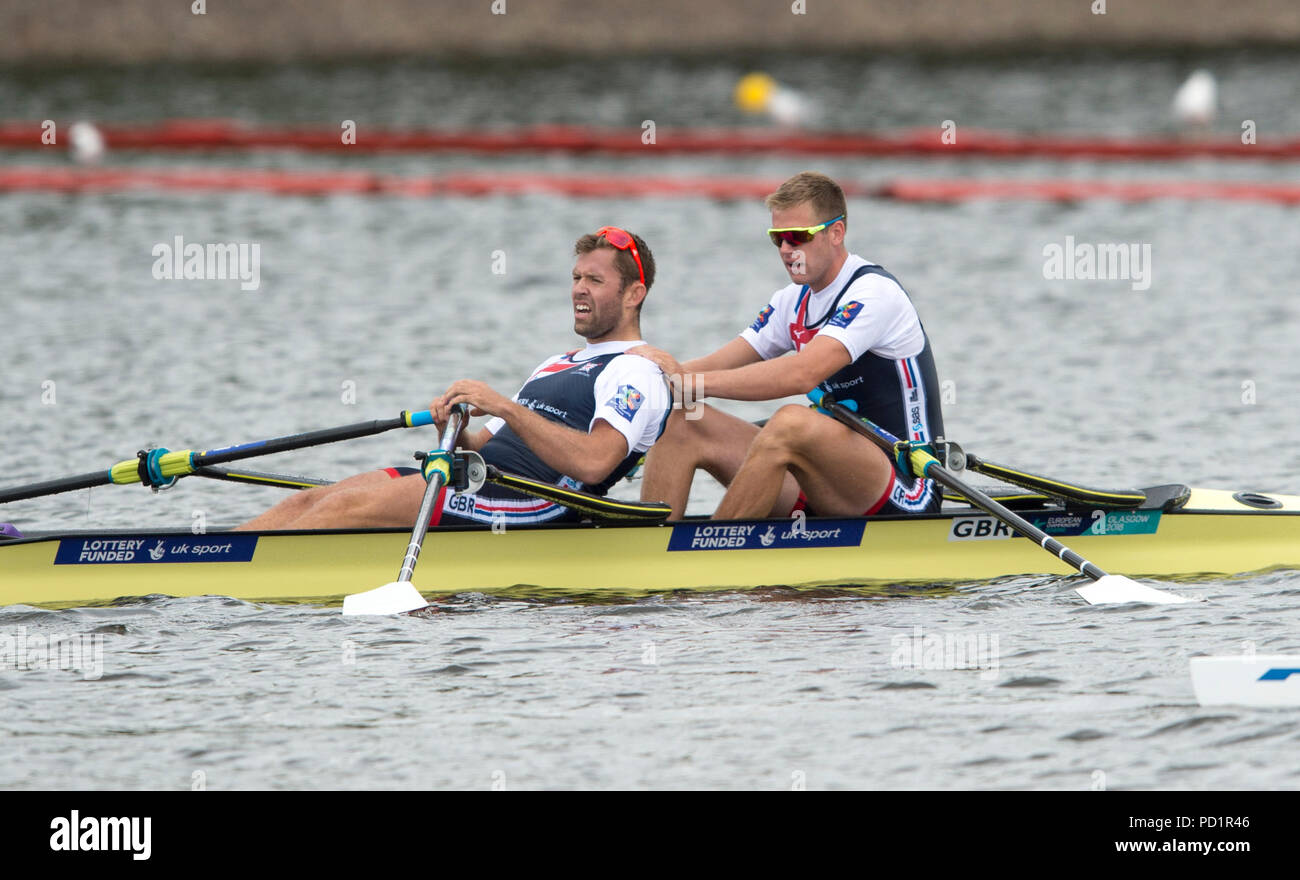Great Britain's Jack Beaumont and Harry Leask come in third to win the bronze medal in the Men's Double Sculls Final during day four of the 2018 European Championships at Strathclyde Country Park, North Lanarkshire. Stock Photo
