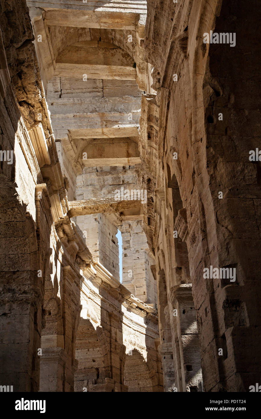 The outer and inner walls of the Roman Arena at Arles, France. Stock Photo