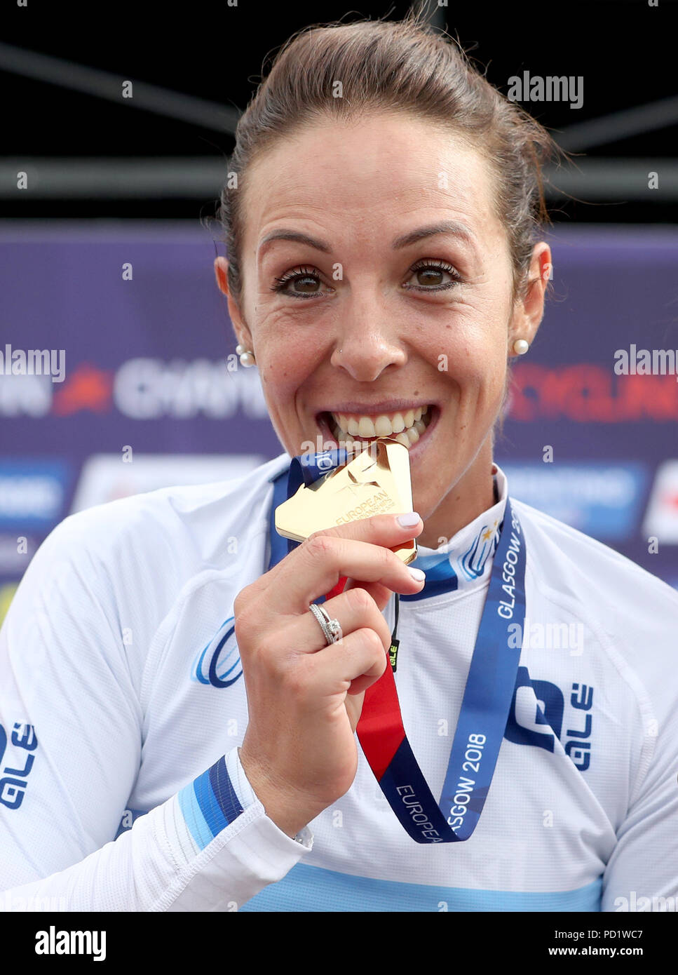 Italy's Marta Bastianelli on the podium after winning the Gold Medal in the Women's 130km Road Race during day four of the 2018 European Championships at the Glasgow Cycling Road Race Course. Stock Photo