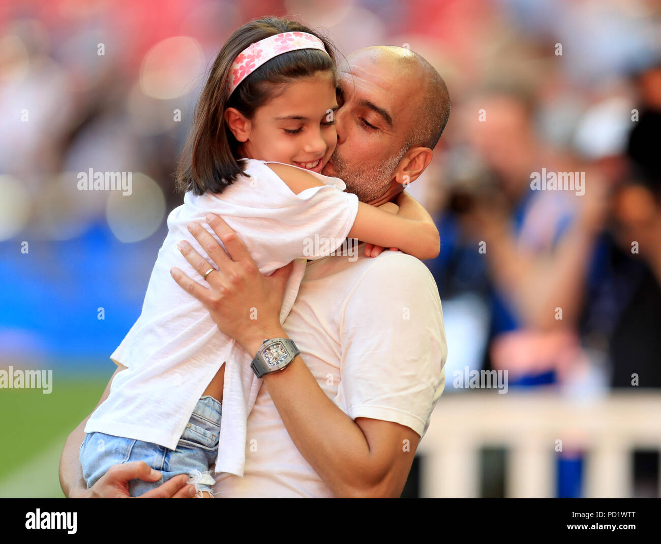 Manchester City manager Josep Guardiola celebrates with his daughter  Valentina Guardiola after the Community Shield match at Wembley Stadium,  London Stock Photo - Alamy