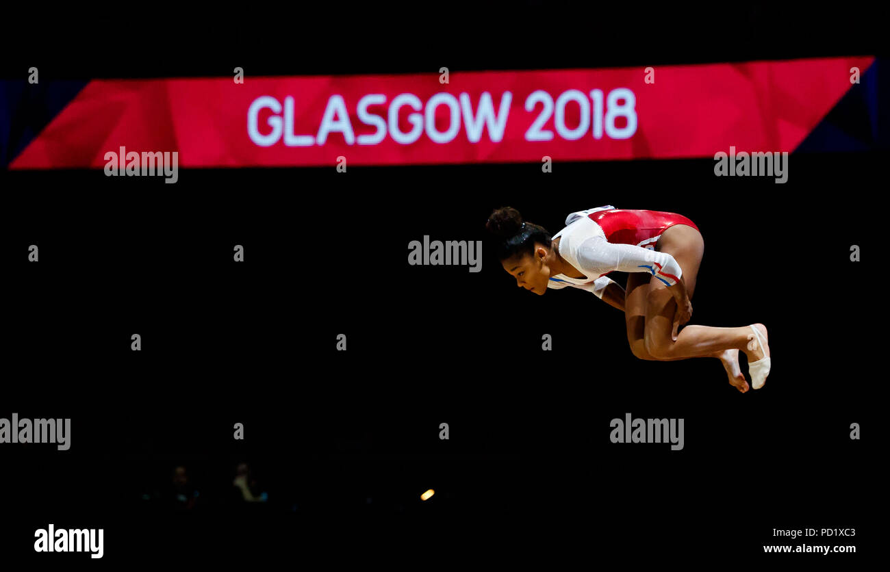 France's Melanie De Jesus on her way to winning the women's floor final during day four of the 2018 European Championships at The SSE Hydro, Glasgow. Stock Photo