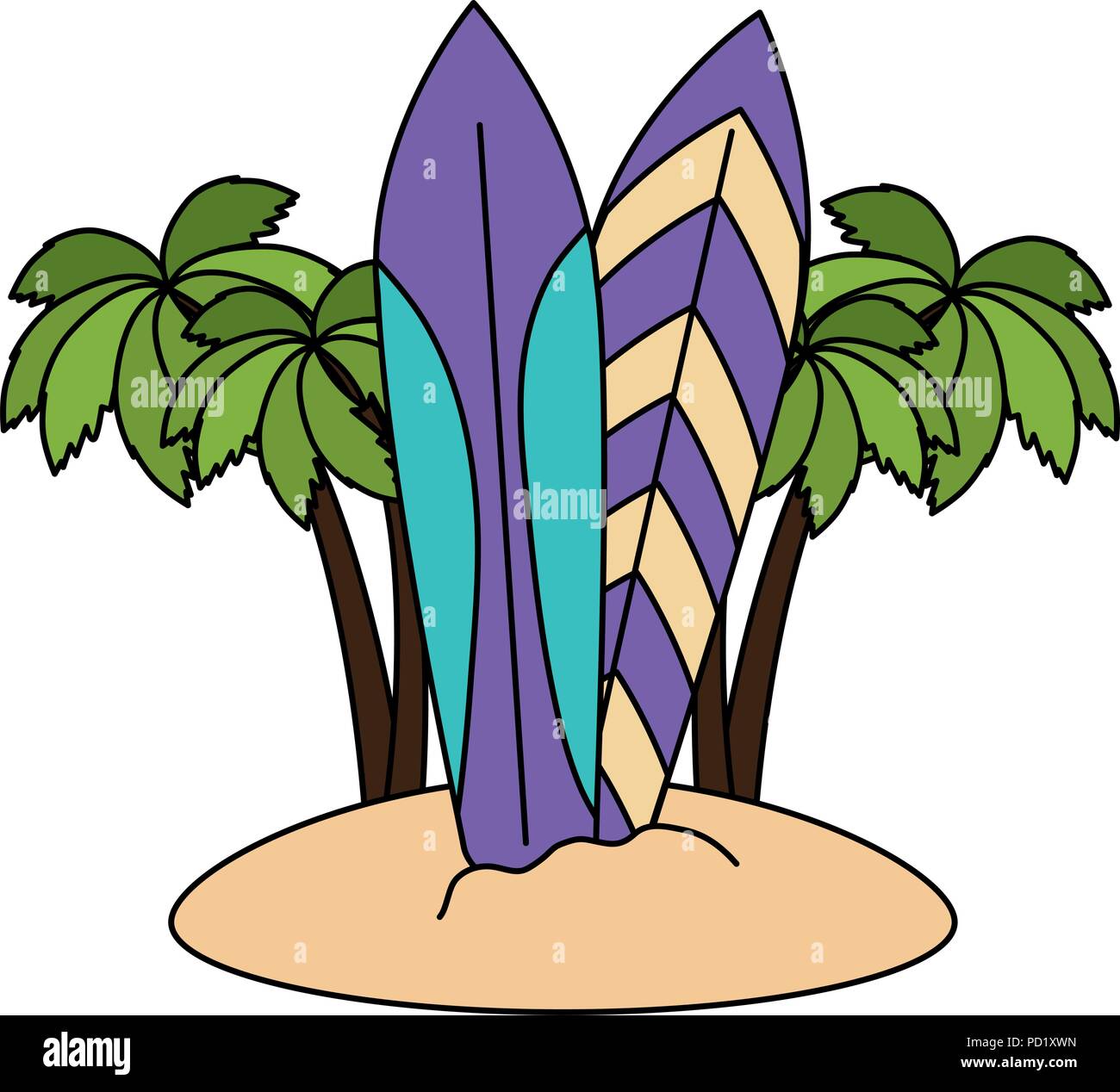 tree palms with surfboards scene Stock Vector