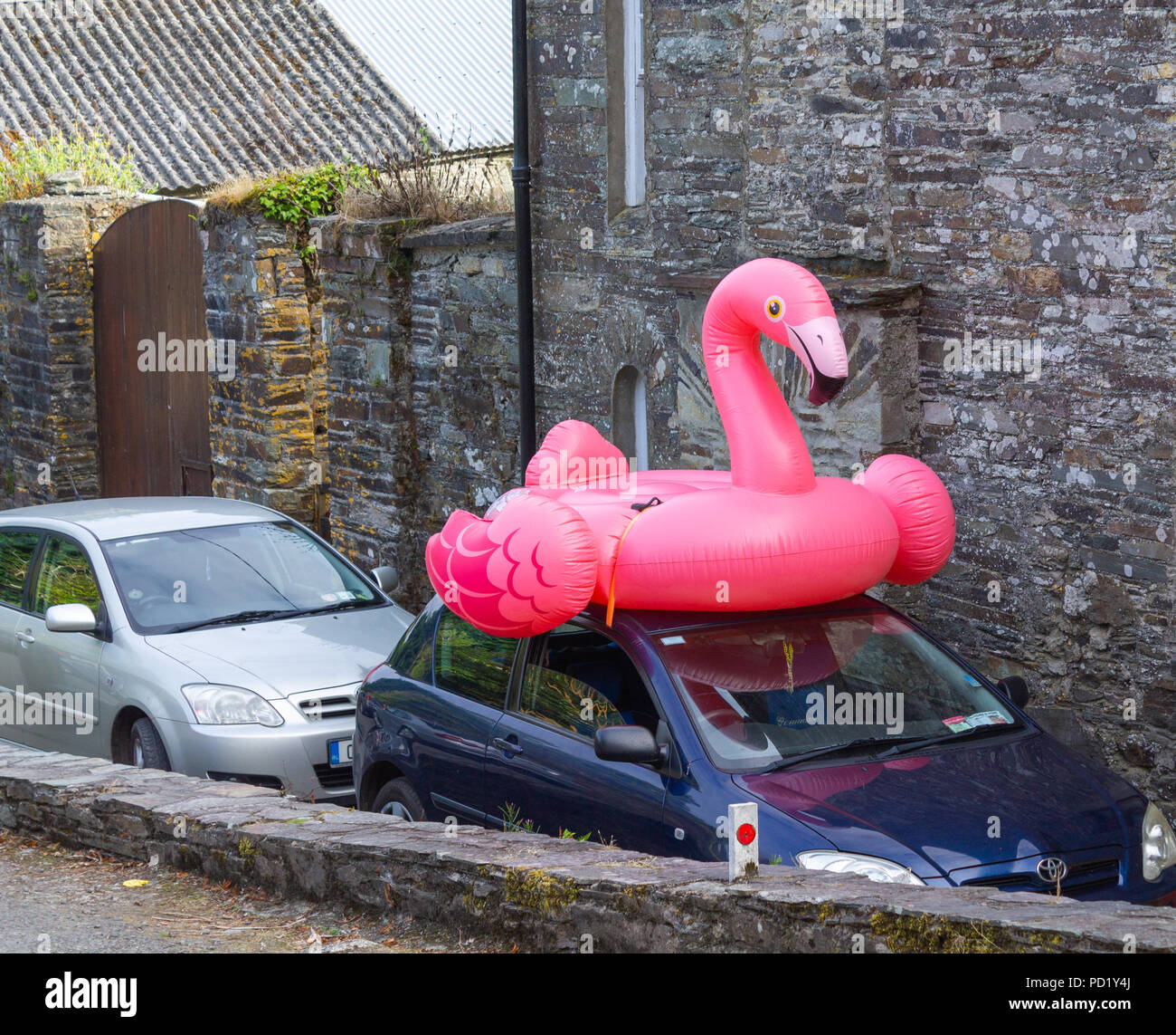 Inflatable plastic beach ball of a pink flamingo on a car roof Stock Photo Alamy