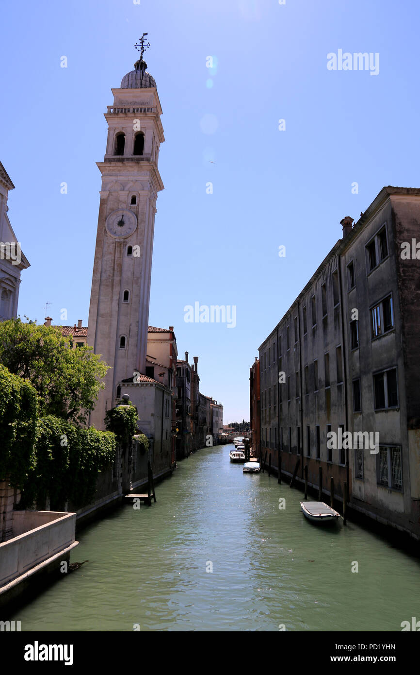 Leaning campanile of the Roman-Catholic church San Giorgio dei Greci in Venice, Italy Stock Photo