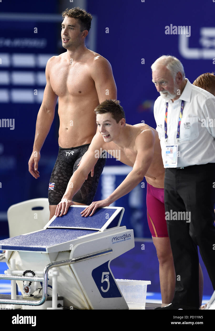 Great Britain S Calum Jarvis And Duncan Scott In The Men S 4 X 200m Freestyle Relay Final During Day Four Of The 2018 European Championships At The Tollcross International Swimming Centre Glasgow Stock