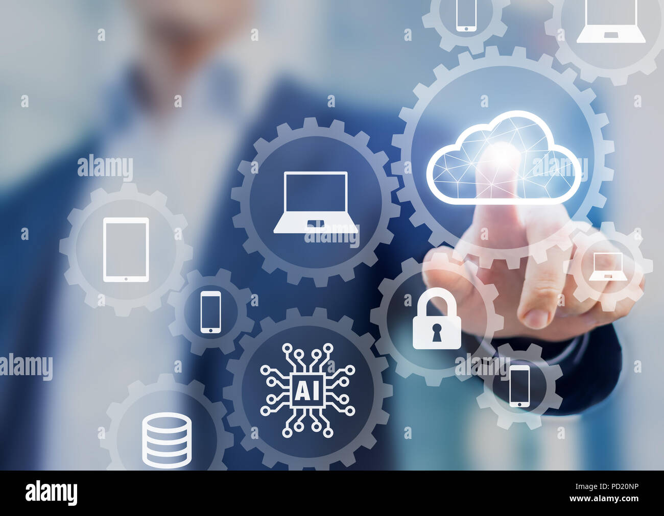 Cloud computing information technology concept, data processing and storage platform connected to internet network, specialist engineering system Stock Photo