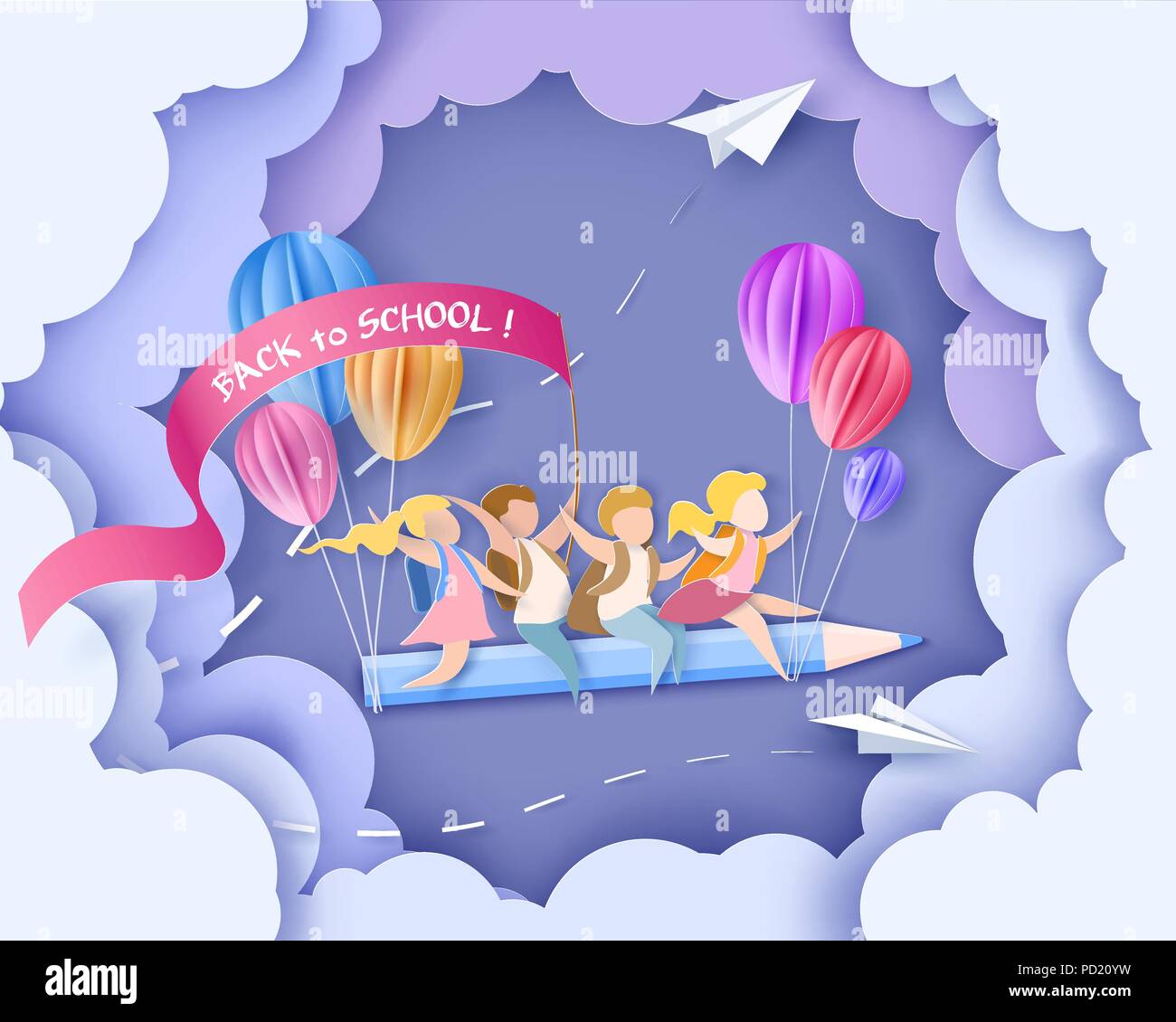 Back to school 1 september card. Children flying on pencil with air balloons. Paper cut style. Vector illustration Stock Vector