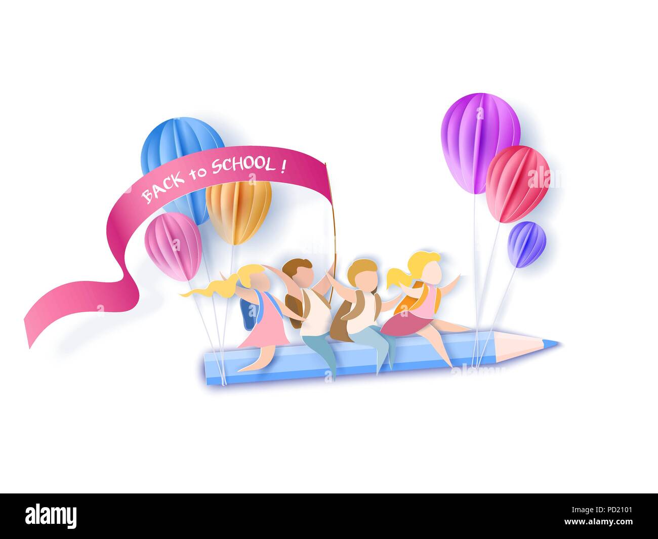 Back to school 1 september card. Children flying on pencil with air balloons on white background. Paper cut style. Vector illustration Stock Vector