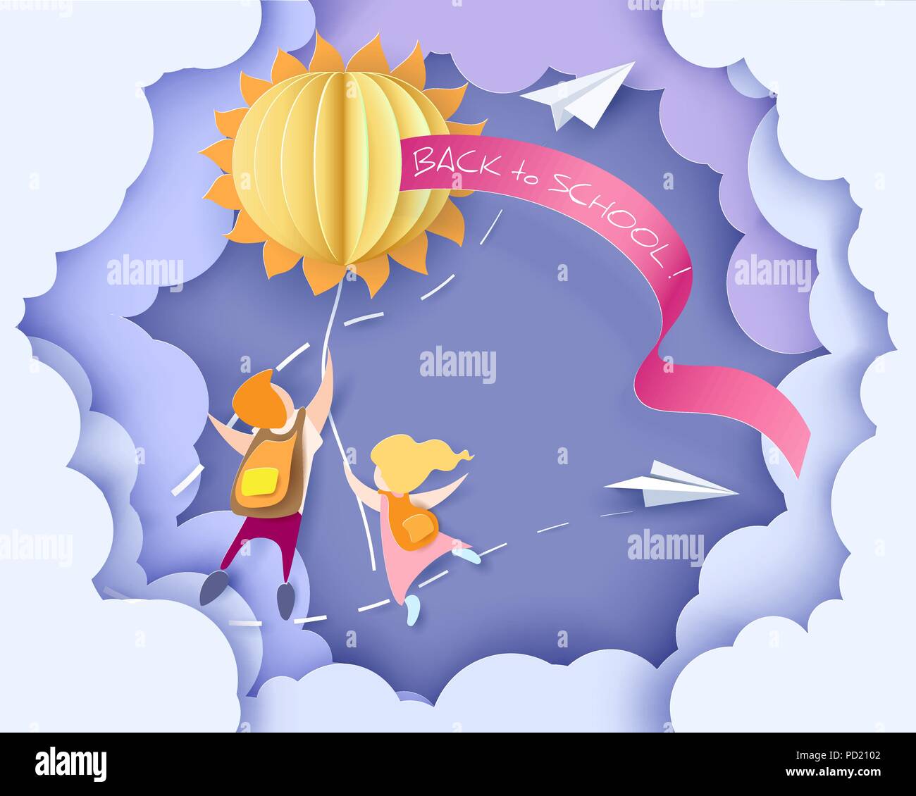 Back to school 1 september card with kids and sun on blue sky background. Vector illustration. Paper cut and craft style. Stock Vector