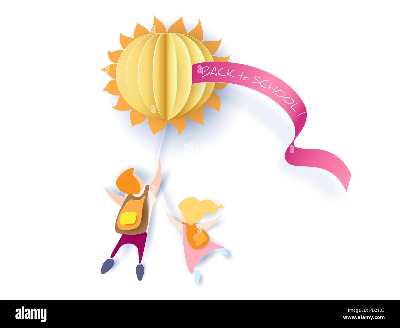 Back to school 1 september card with kids and sun on white background. Vector illustration. Paper cut and craft style. Stock Vector