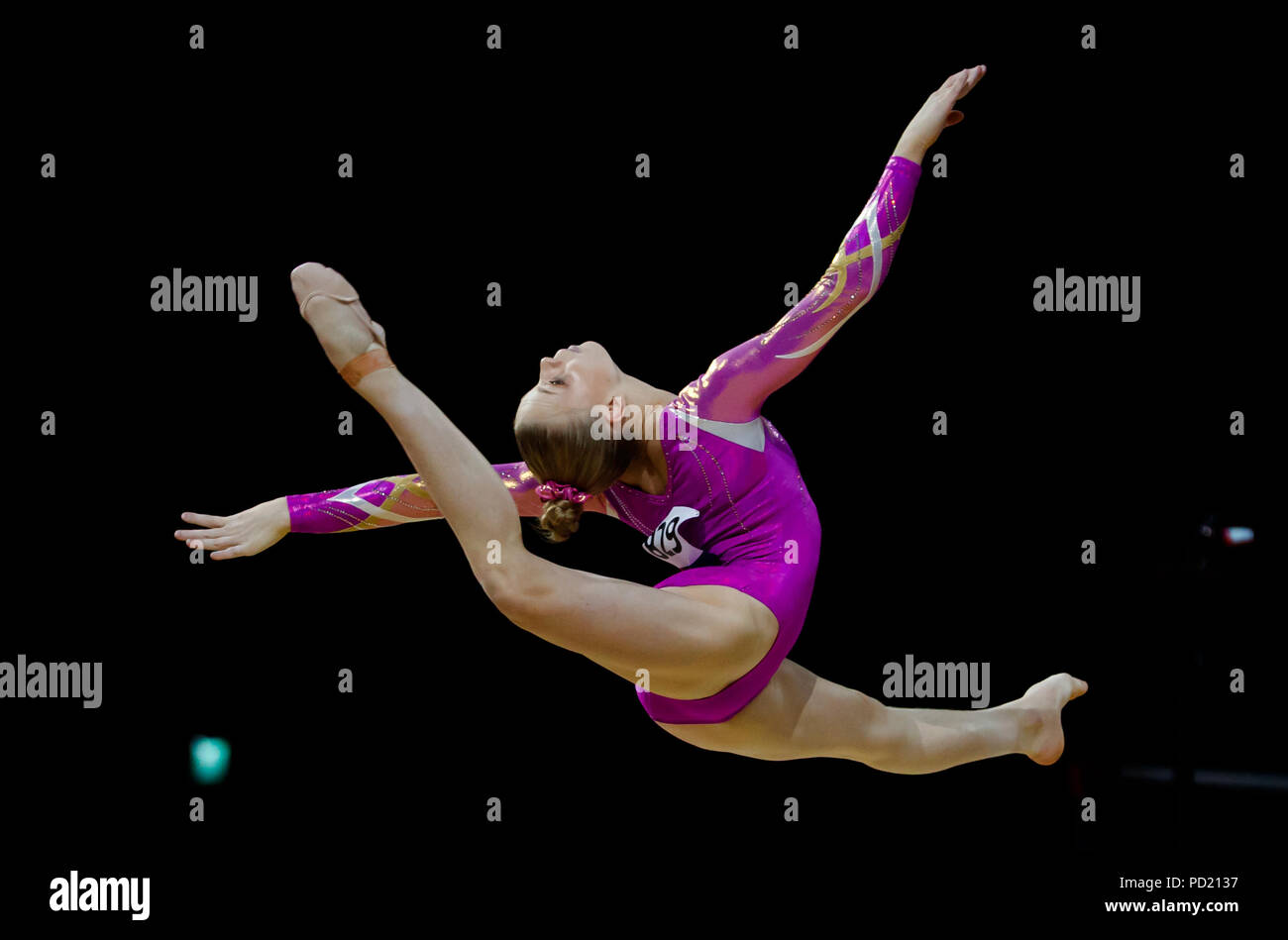 Sweden's Jessica Castles during the women's floor final  during day four of the 2018 European Championships at The SSE Hydro, Glasgow. PRESS ASSOCIATION Photo. Picture date: Sunday August 5, 2018. See PA story SPORT European. Photo credit should read: John Walton/PA Wire. Stock Photo