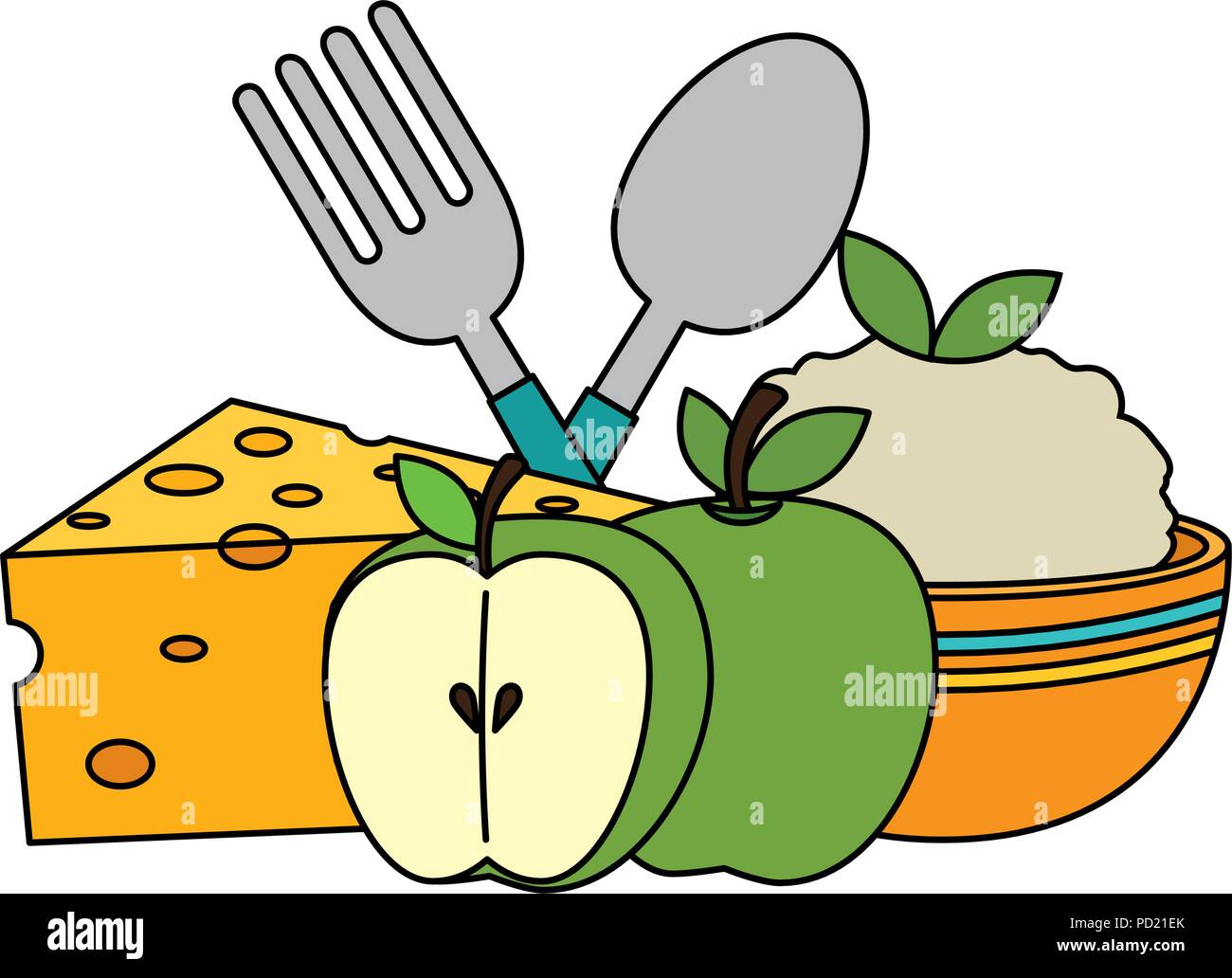 kitchen bowl with mashed potatoes and cutleries Stock Vector