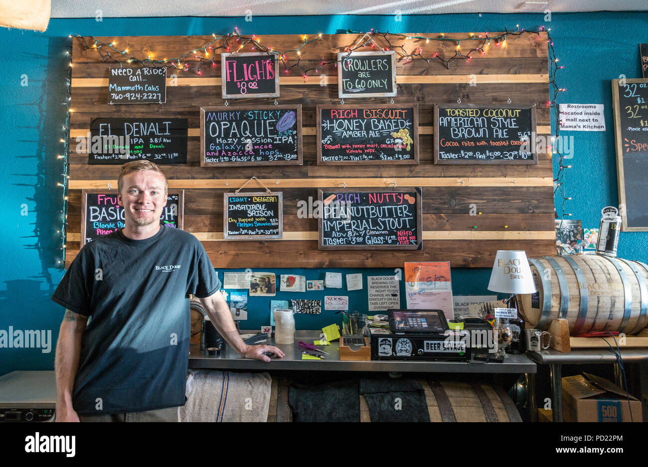 Owner Drew Wallace in Black Doubt, a nano-brewery in Mammoth Lakes with a wide range of specialty beers inclluding some truly unique ones including 'Peanut Butter Imperial Stout.' Stock Photo