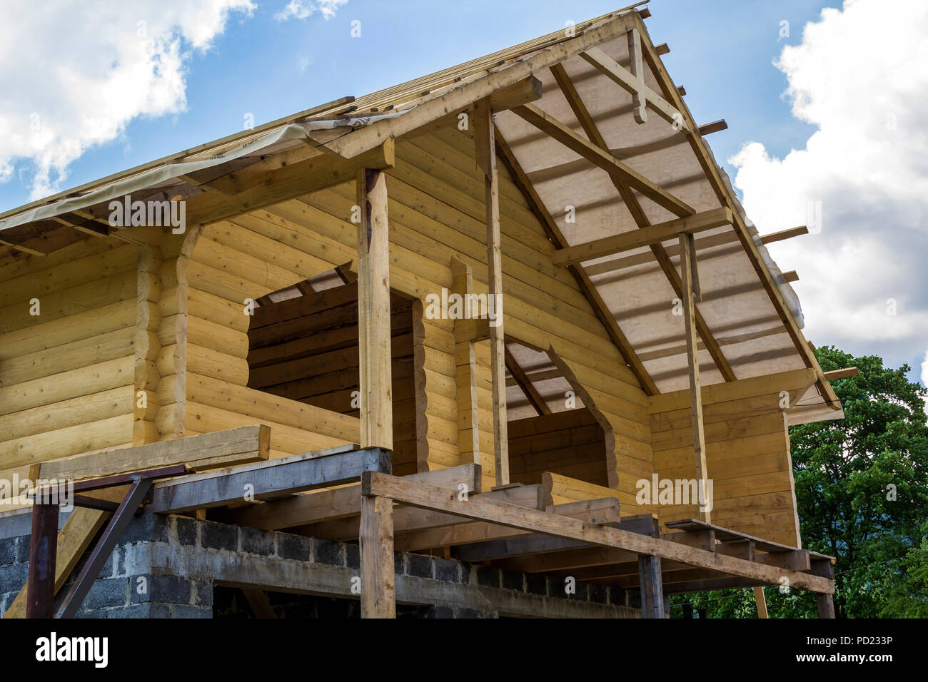 New Cottage Of Natural Lumber Materials Under Construction Wooden