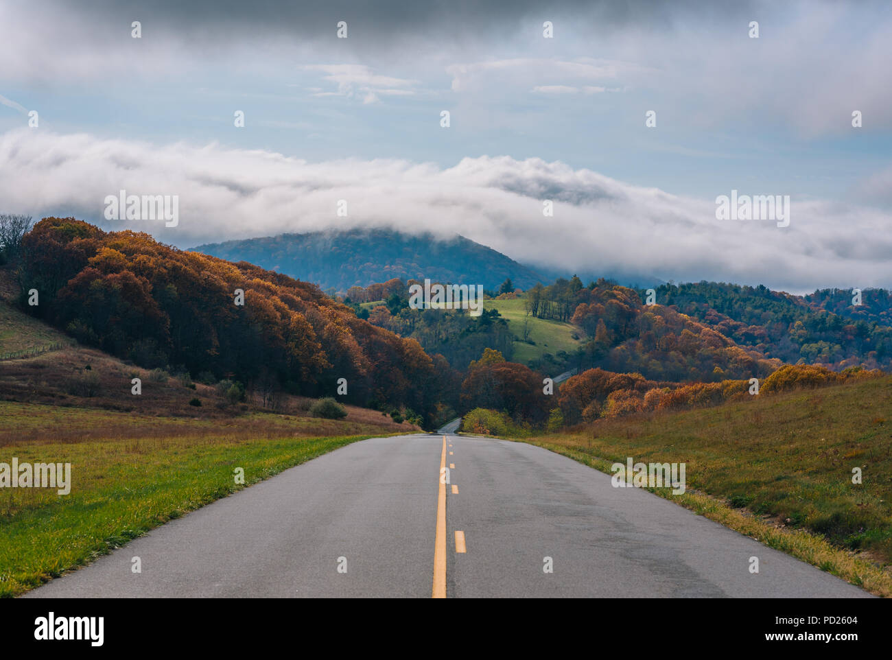 The Blue Ridge Parkway and fog over mountains in Virginia Stock Photo ...