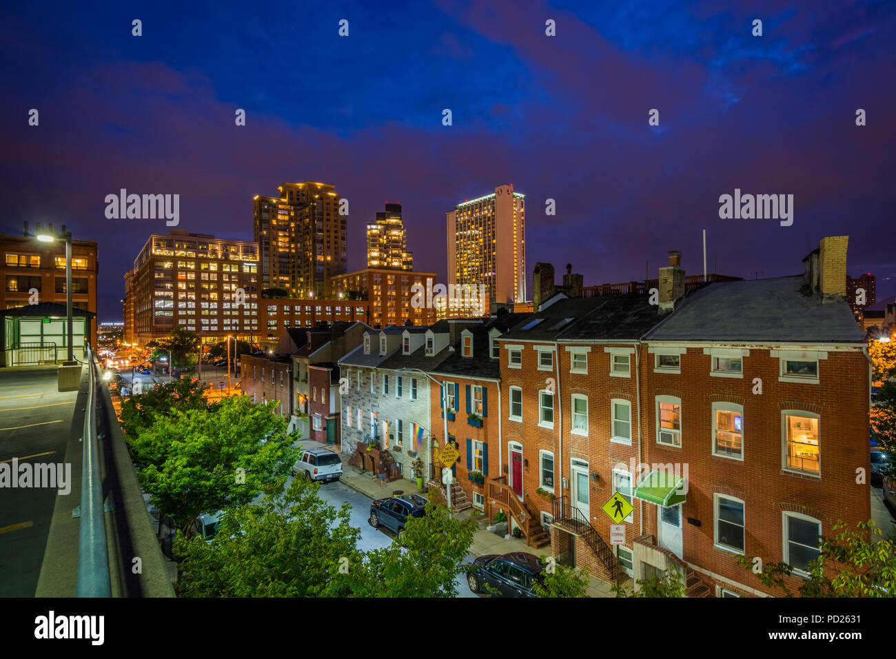 View of Exeter Street at night, in Little Italy, Baltimore, Maryland Stock Photo