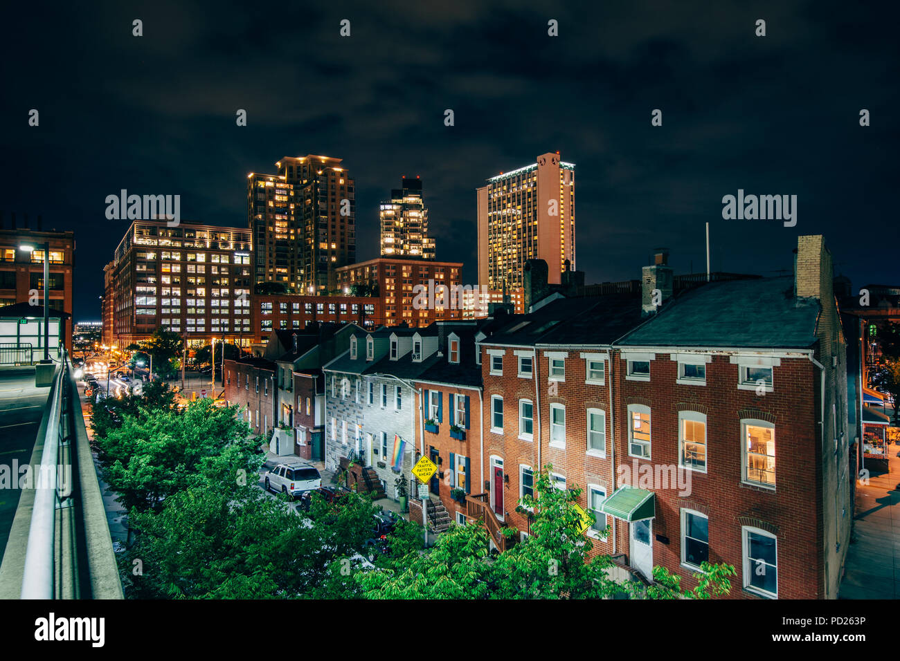 View of Exeter Street at night, in Little Italy, Baltimore, Maryland Stock Photo