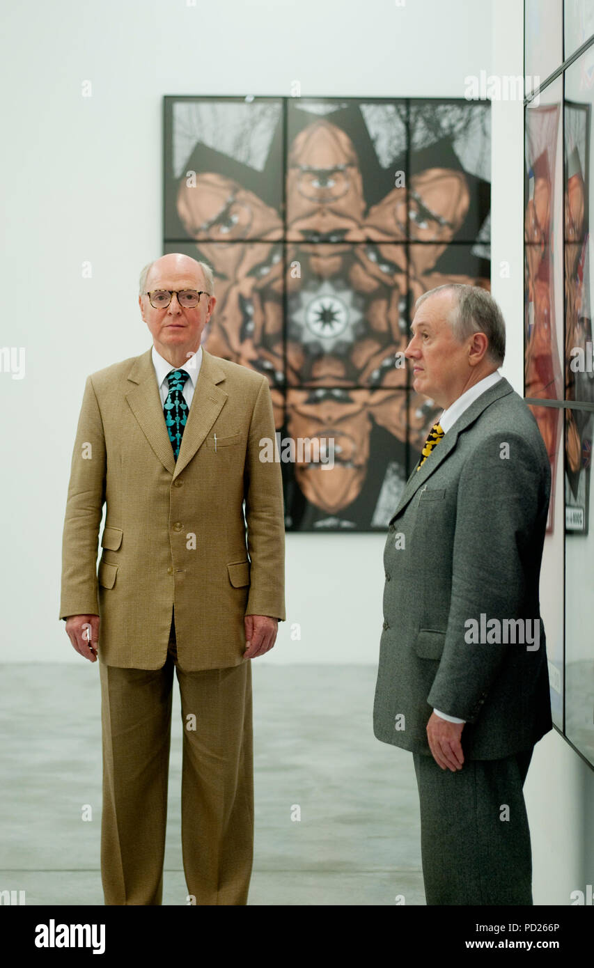 British contemporary artists Gilbert and George posing in the Baronian Francey gallery in Brussels (Belgium, 09/09/2009) Stock Photo