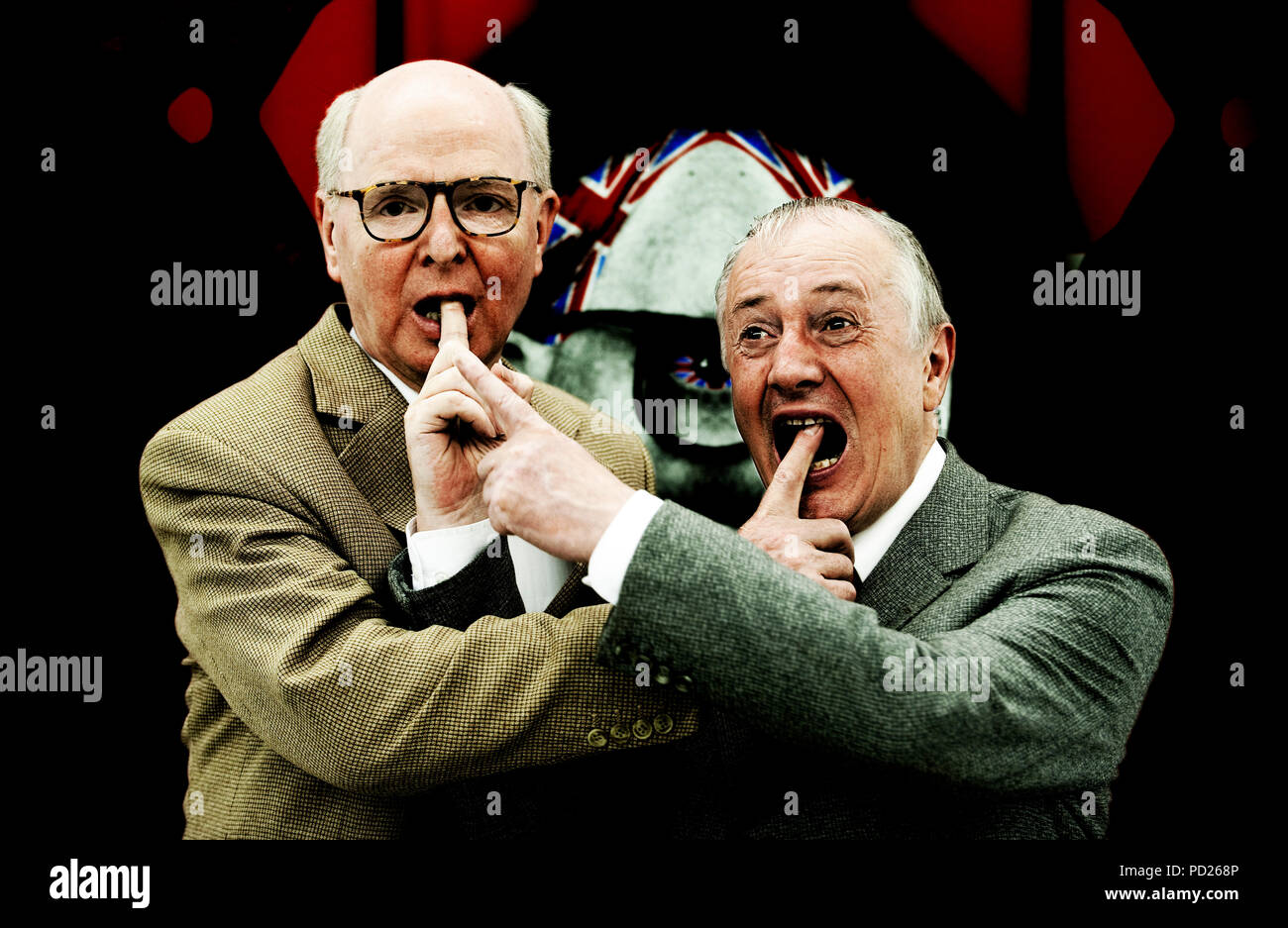 British contemporary artists Gilbert and George posing in the Baronian Francey gallery in Brussels (Belgium, 09/09/2009) Stock Photo