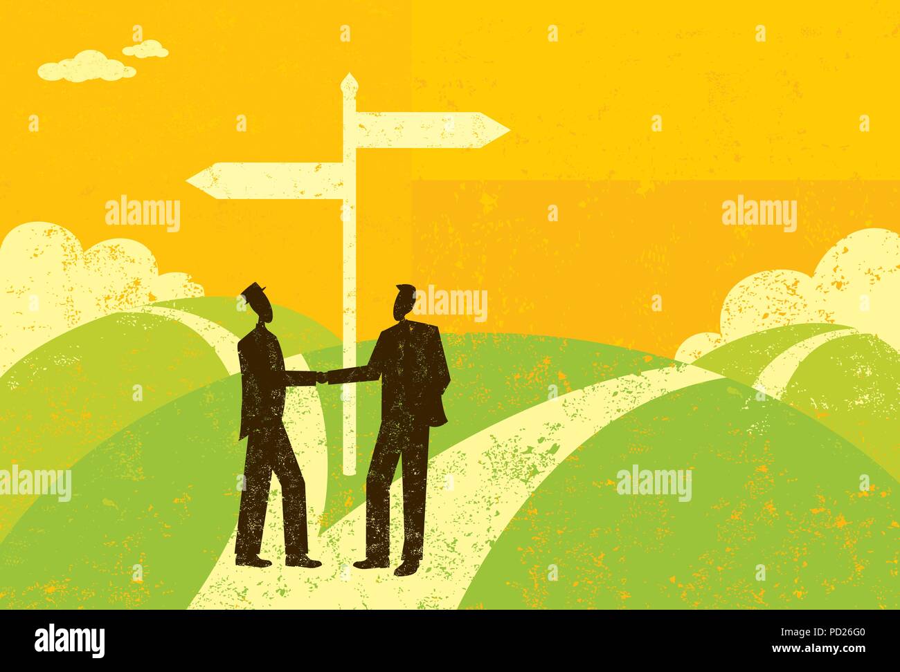 Businessmen Parting Ways Two business partners, reaching a fork in the road, shake hands and decide to part ways. Stock Vector