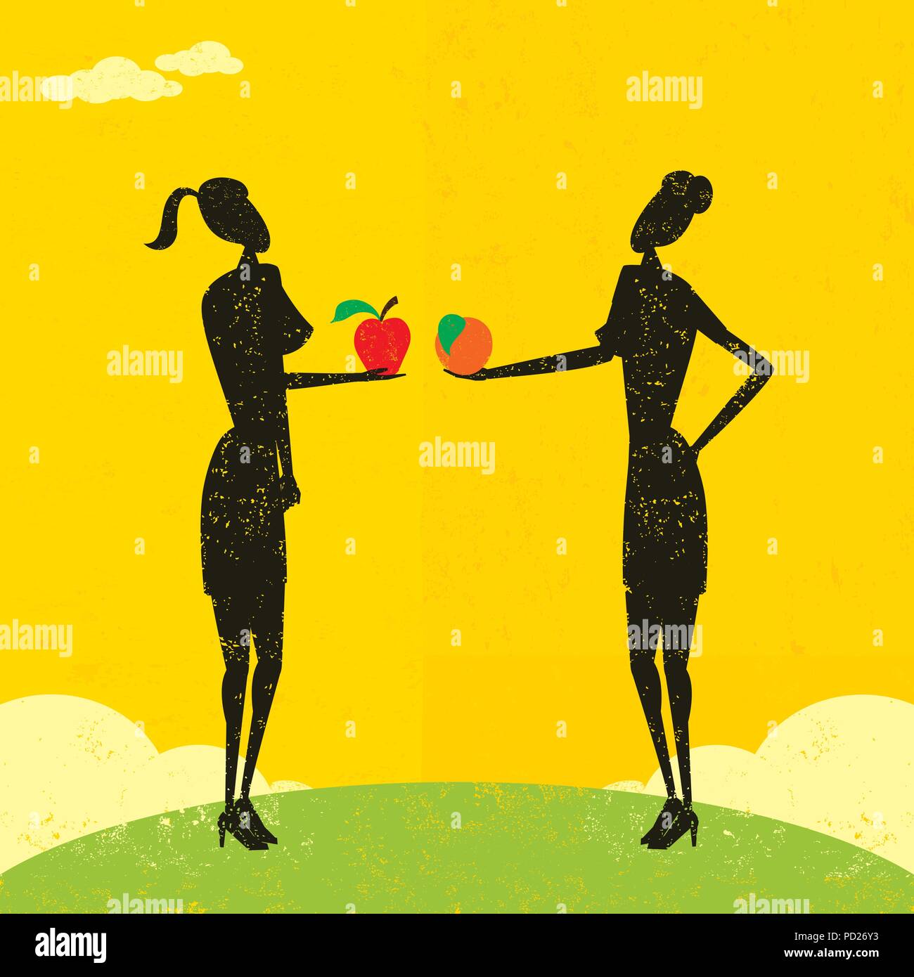 Comparing Apples and Oranges Two businesswomen comparing an apple and an orange. Stock Vector