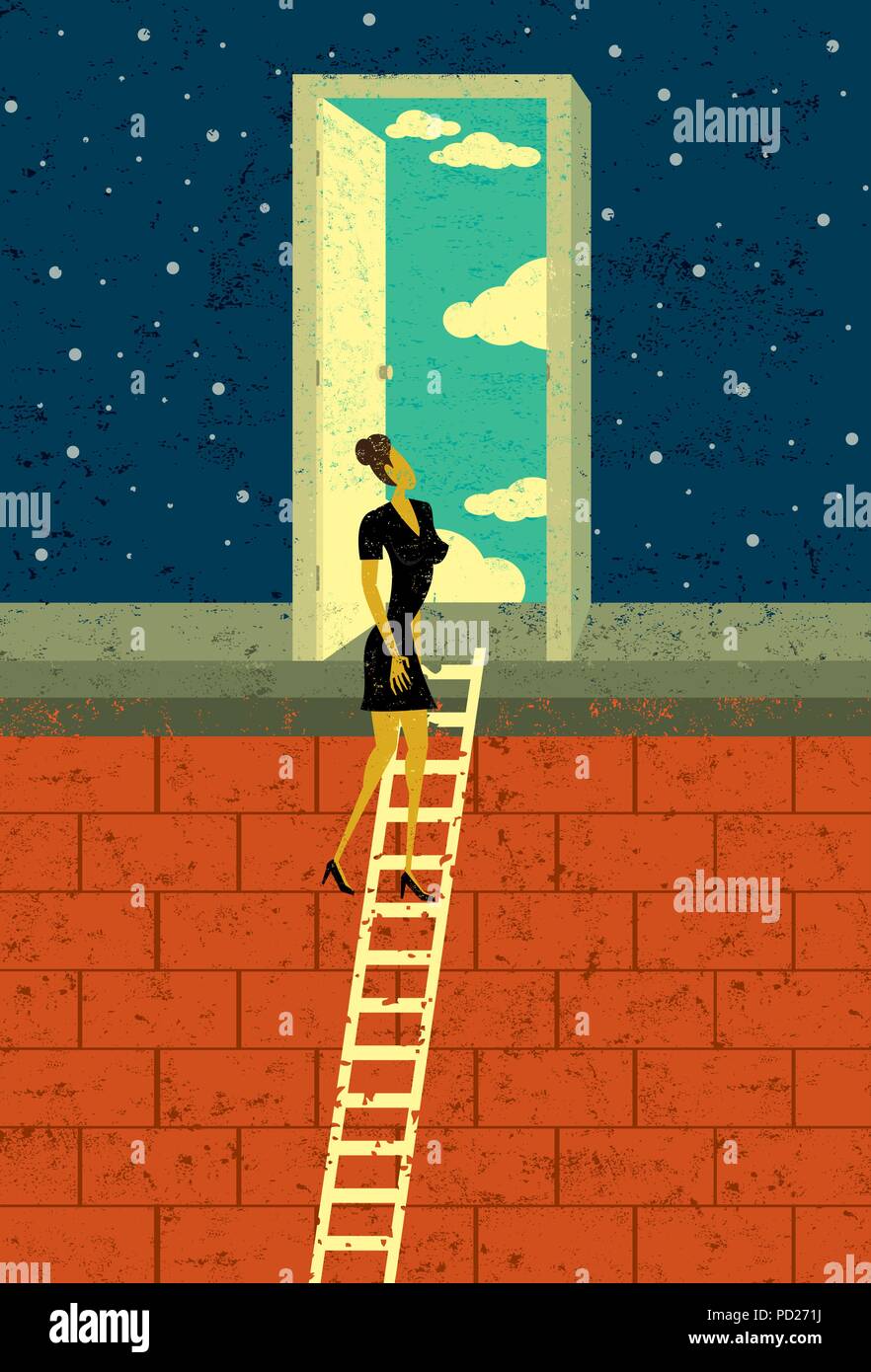 Door to Opportunity A businesswoman climbing the corporate ladder opens a door to endless possibilities. Stock Vector