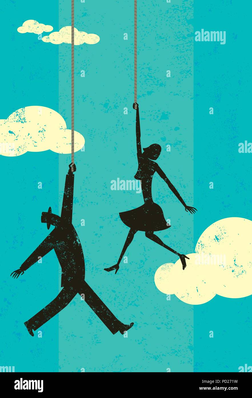 End of the rope A man and woman in the sky hanging on the end of their ropes. Stock Vector