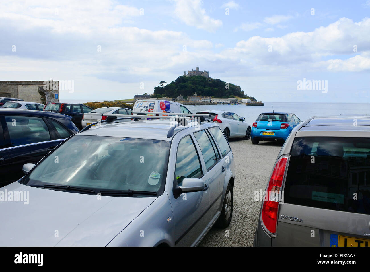 Busy car park for tourists visiting St. Michael's Mount, Marazion ...