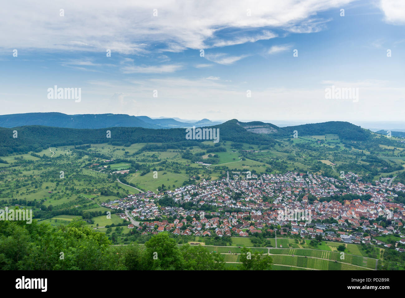 Germany, Wide view over endless nature landscape of swabian alb from Hohenneuffen Stock Photo